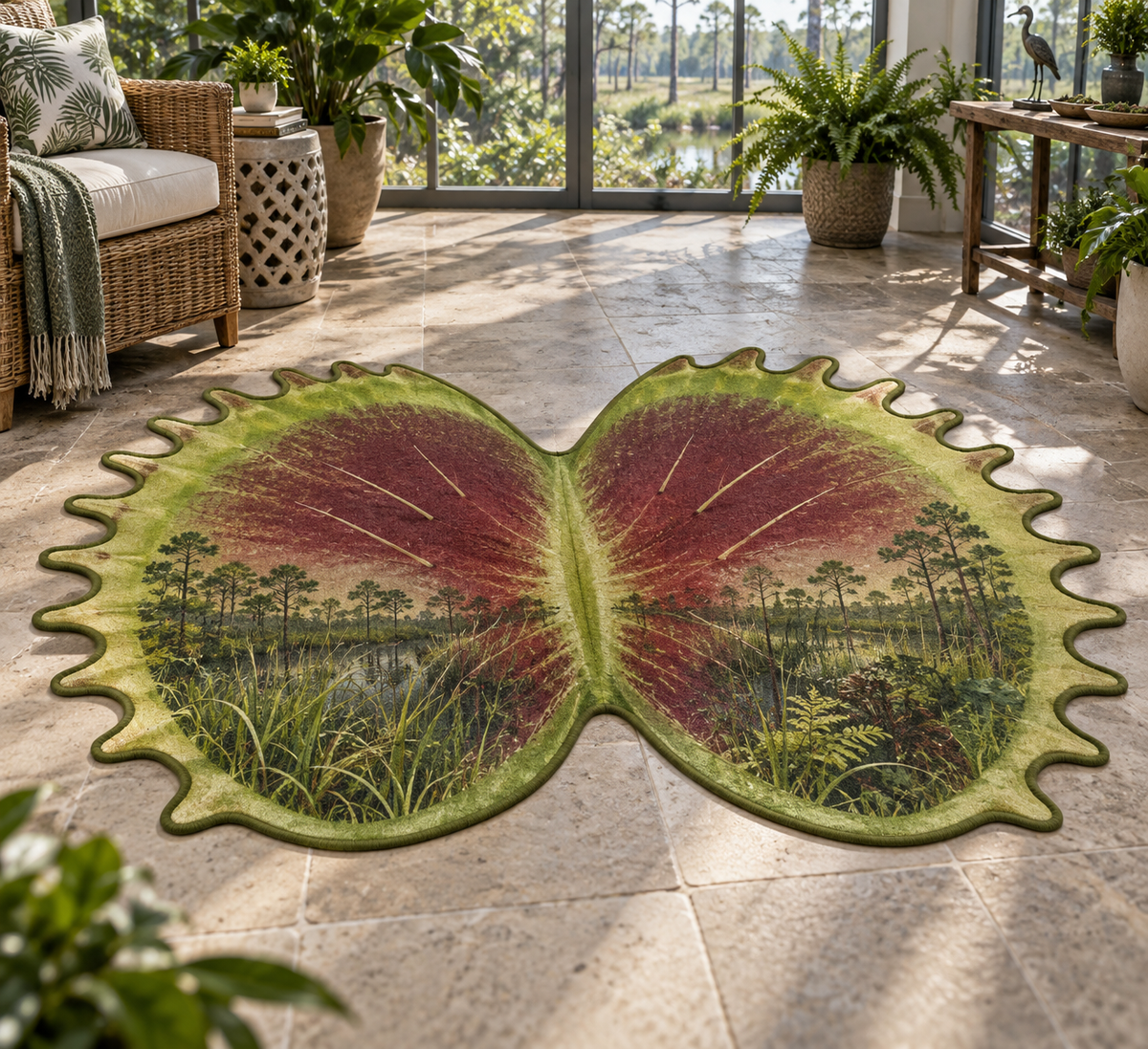Red-green Venus flytrap lobes and receding bog scenery printed on a flat custom contour rug