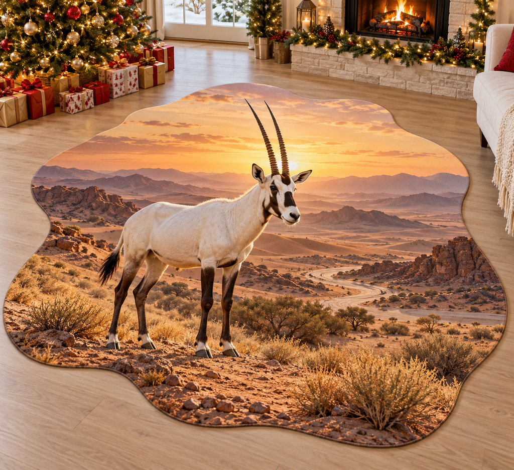 Arabian Oryx with deep layered Arabian desert scenery printed on a complete flat rug