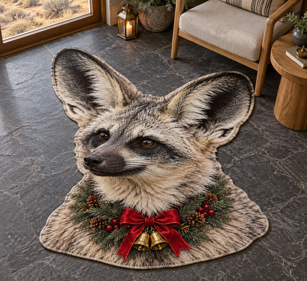 Christmas bat-eared fox portrait with huge ears black eye mask and garland printed on a flat close-cut rug