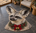 Christmas bat-eared fox portrait with huge ears black eye mask and garland printed on a flat close-cut rug