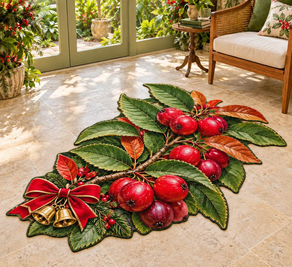 Christmas Batoko Plum with layered tropical garden scenery printed on a complete flat rug contour-cut to the Batoko plum fruit-and-leaf silhouette