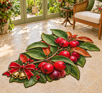 Christmas Batoko Plum with layered tropical garden scenery printed on a complete flat rug contour-cut to the Batoko plum fruit-and-leaf silhouette