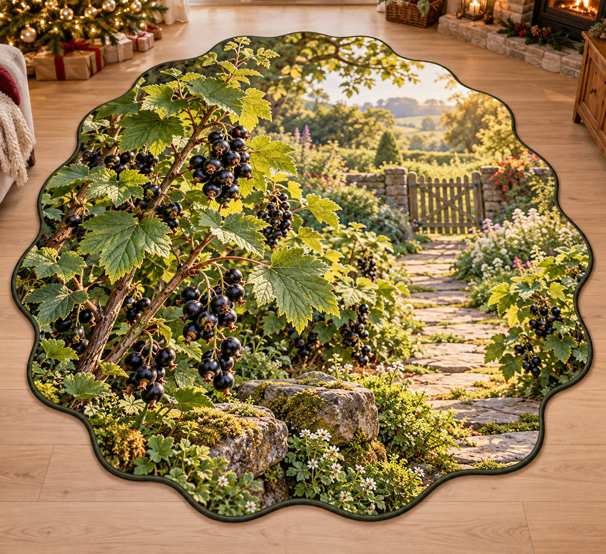 Blackcurrant with deep layered mossy woodland scenery printed on a complete flat rug