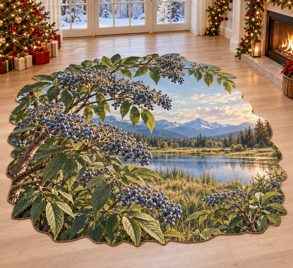 Blue Elderberry with deep layered lakeside scenery printed on a complete flat rug