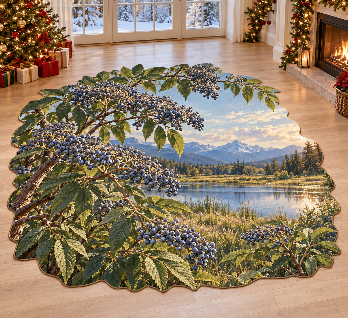 Blue Elderberry with deep layered lakeside scenery printed on a complete flat rug