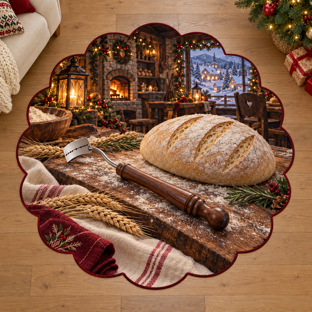 Traditional Bread Lame with deep Christmas baking kitchen scenery printed on a complete flat rug