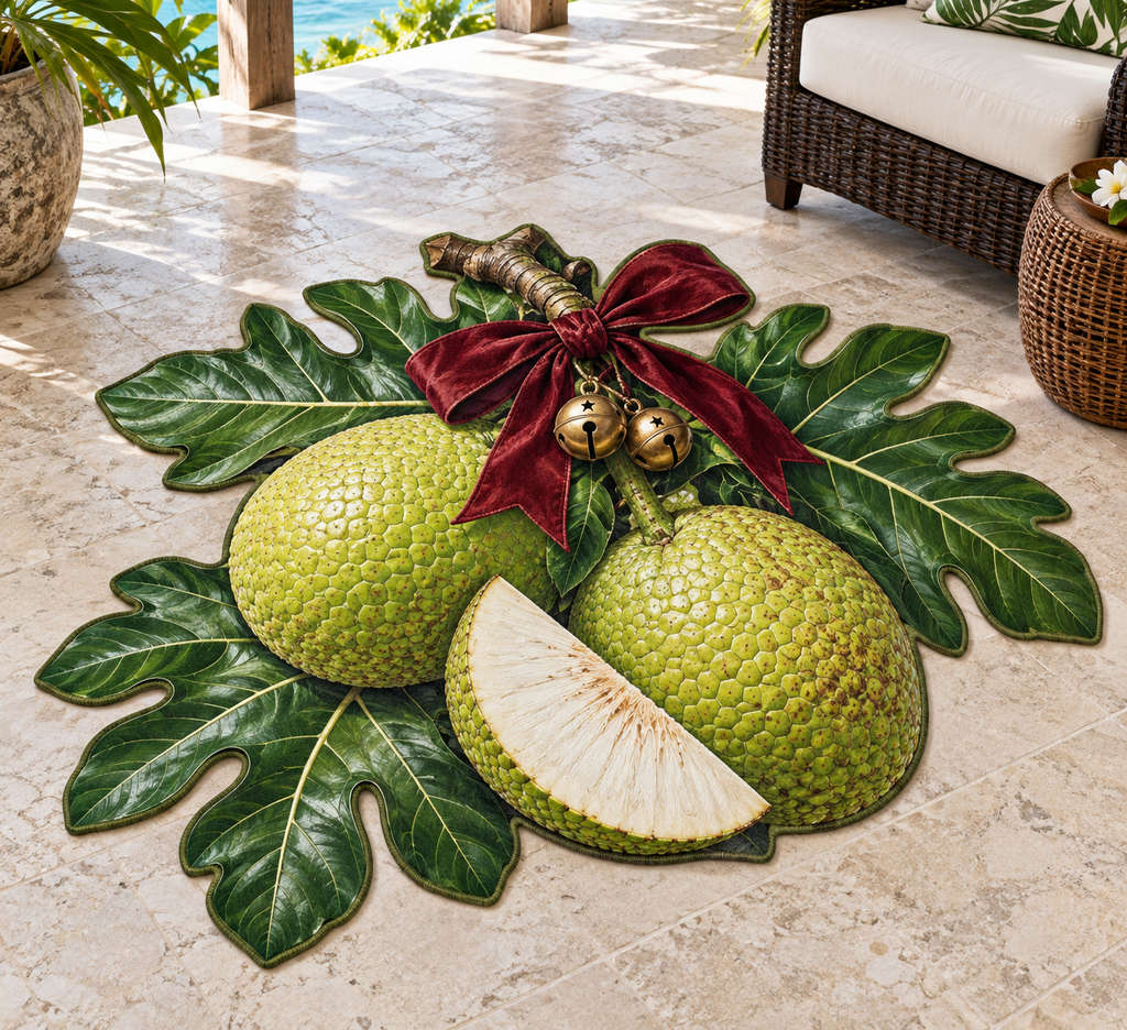Christmas breadfruit fruit cluster with broad leaves and bow printed on a flat close-cut rug