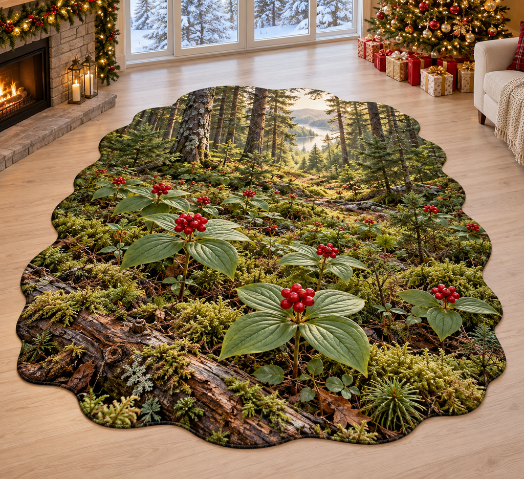Bunchberry with deep layered mossy conifer woodland scenery printed on a complete flat rug