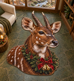 Christmas chestnut bushbuck portrait with white patches short single-twist horns and garland printed on a flat close-cut rug