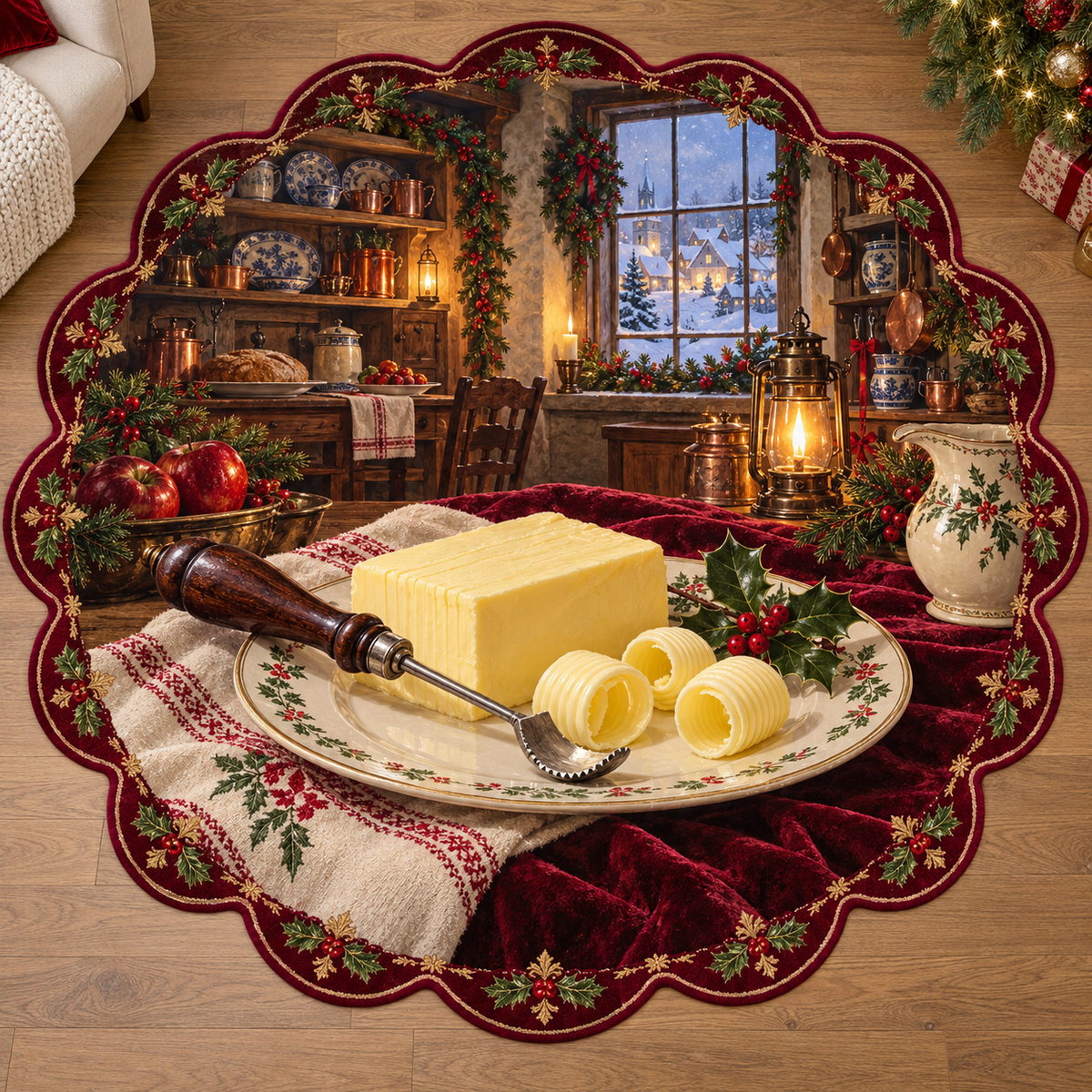Antique Butter Curler with deep Christmas baking kitchen scenery printed on a complete flat rug
