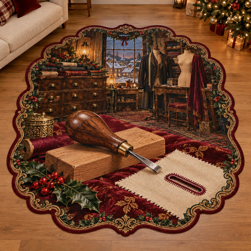 Antique Buttonhole Cutter with deep Christmas tailoring workshop scenery printed on a complete flat rug