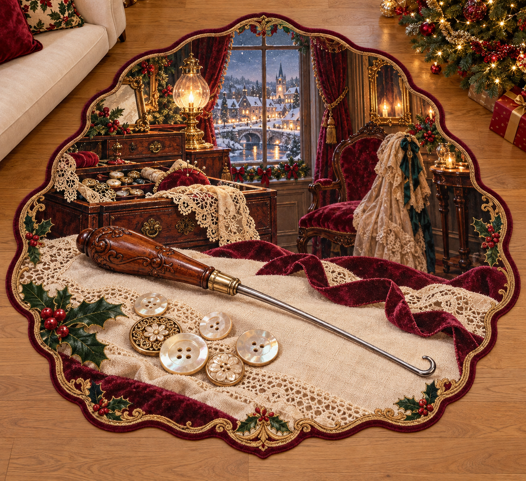 Antique Buttonhook with deep Christmas dressing room scenery printed on a complete flat rug