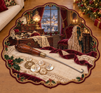 Antique Buttonhook with deep Christmas dressing room scenery printed on a complete flat rug
