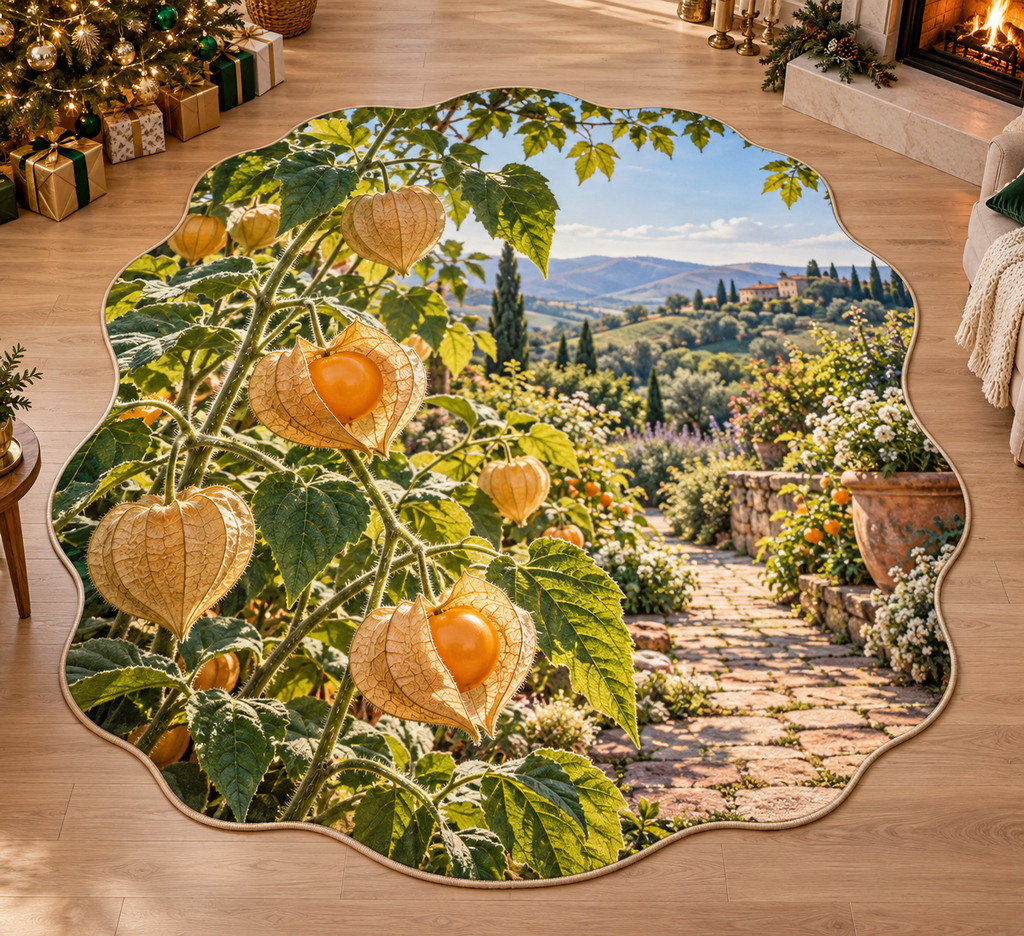 Cape gooseberry with layered garden scenery printed on a complete flat rug