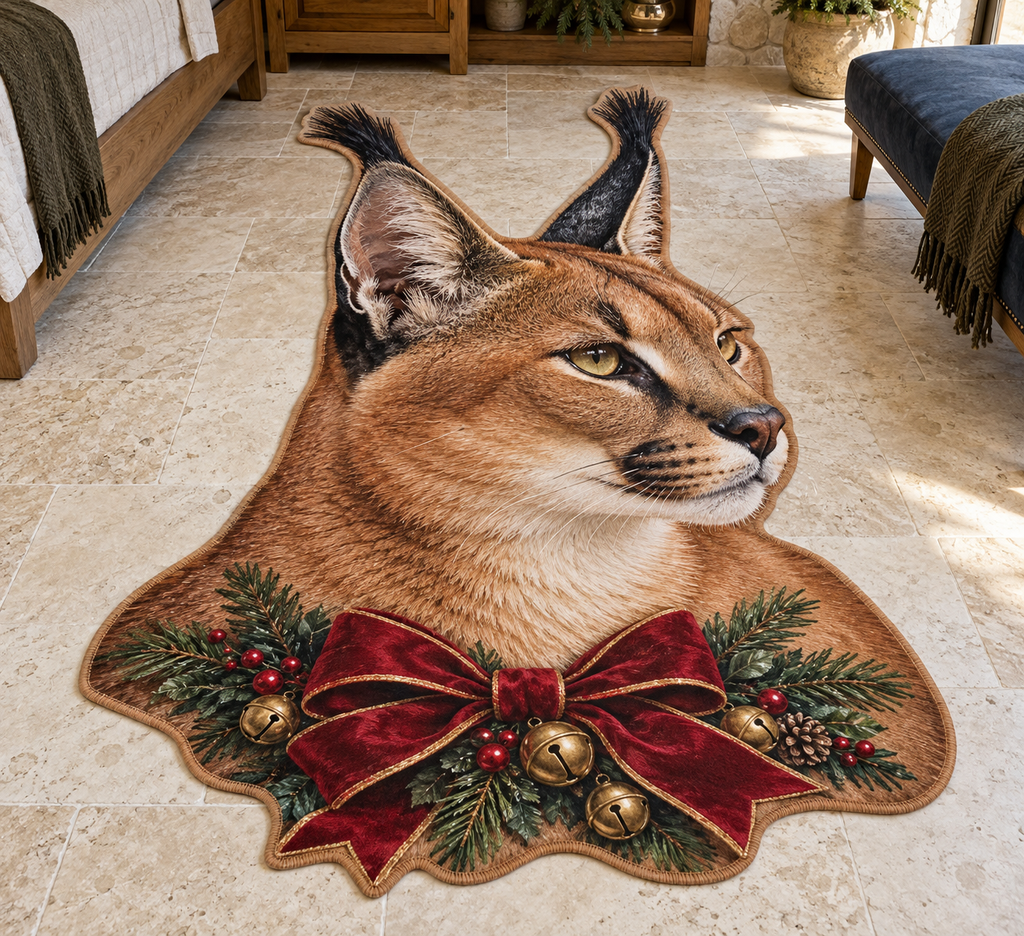 Christmas caracal portrait with black-white mask straight horns and garland printed on a flat close-cut rug