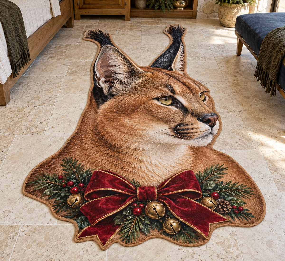 Christmas caracal portrait with black-white mask straight horns and garland printed on a flat close-cut rug