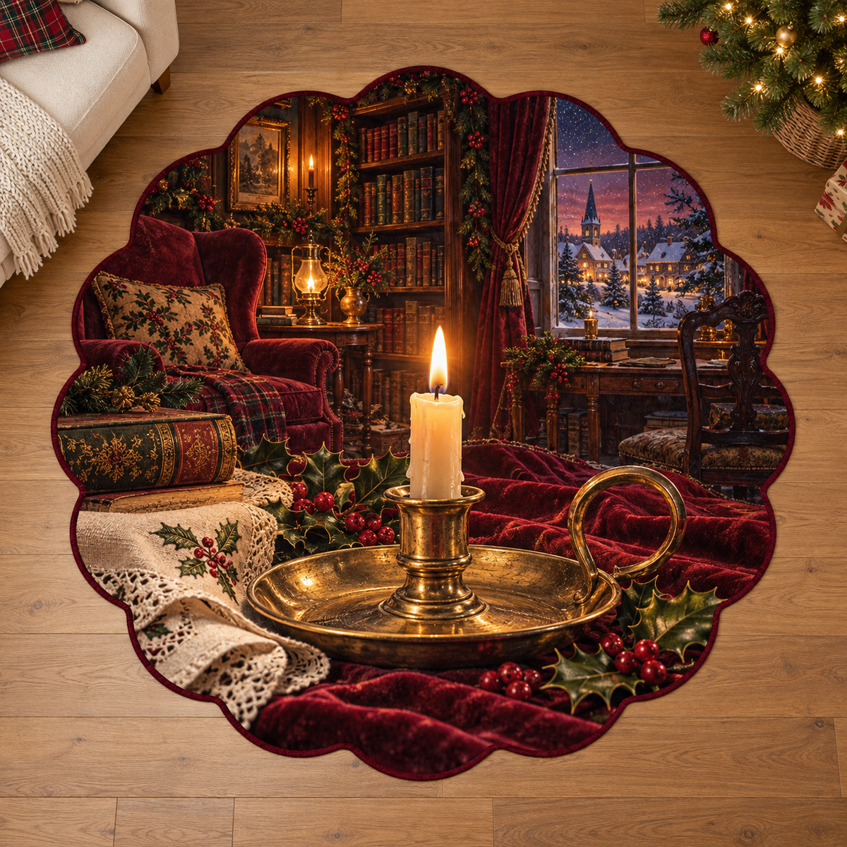 Antique Brass Chamberstick with deep Christmas baking kitchen scenery printed on a complete flat rug