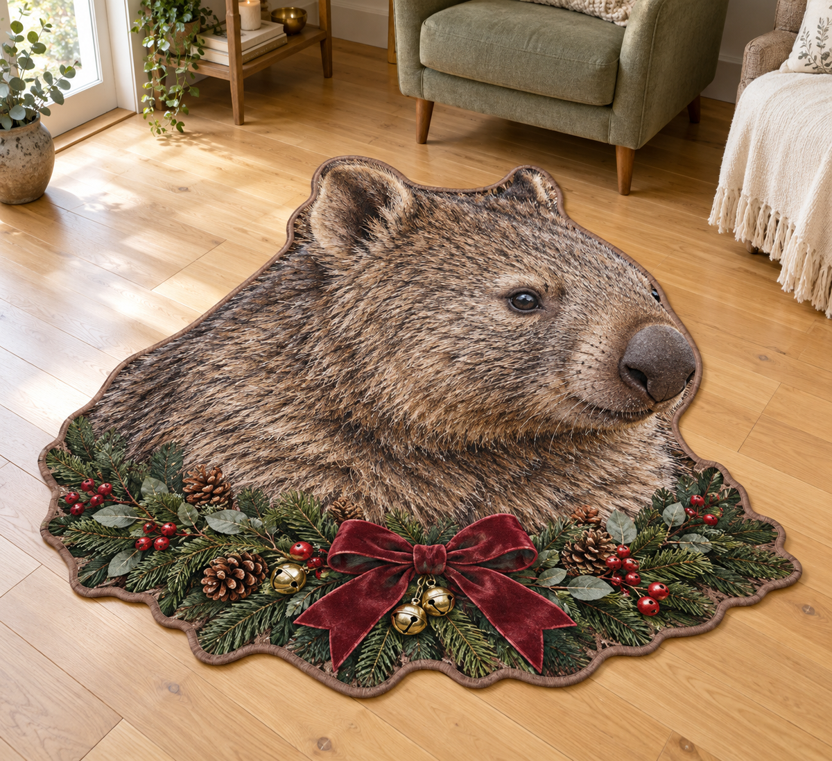 Christmas common-wombat portrait with black-white mask straight horns and garland printed on a flat close-cut rug