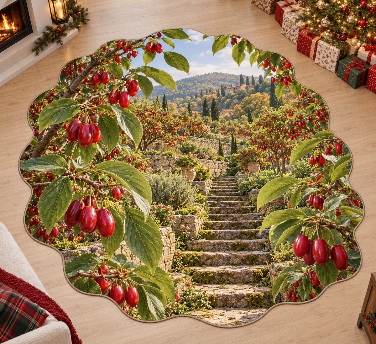 Cornelian cherry with layered terraced orchard scenery printed on a complete flat rug