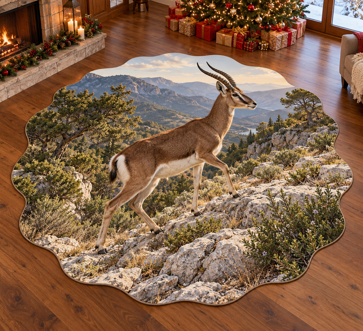 Cuviers gazelle with layered mountain woodland scenery printed on a complete flat rug