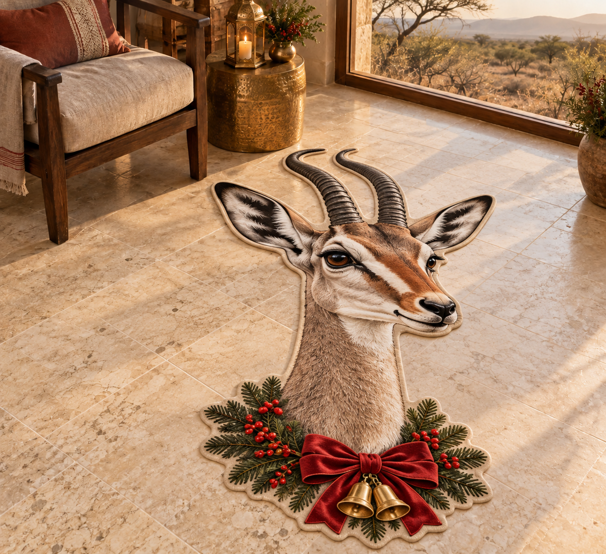 Christmas Dibatag greyish-fawn dibatag portrait with long neck, facial streaks and forward-curved horn tips and Christmas garland printed on a flat close-cut head, neck and shoulder rug