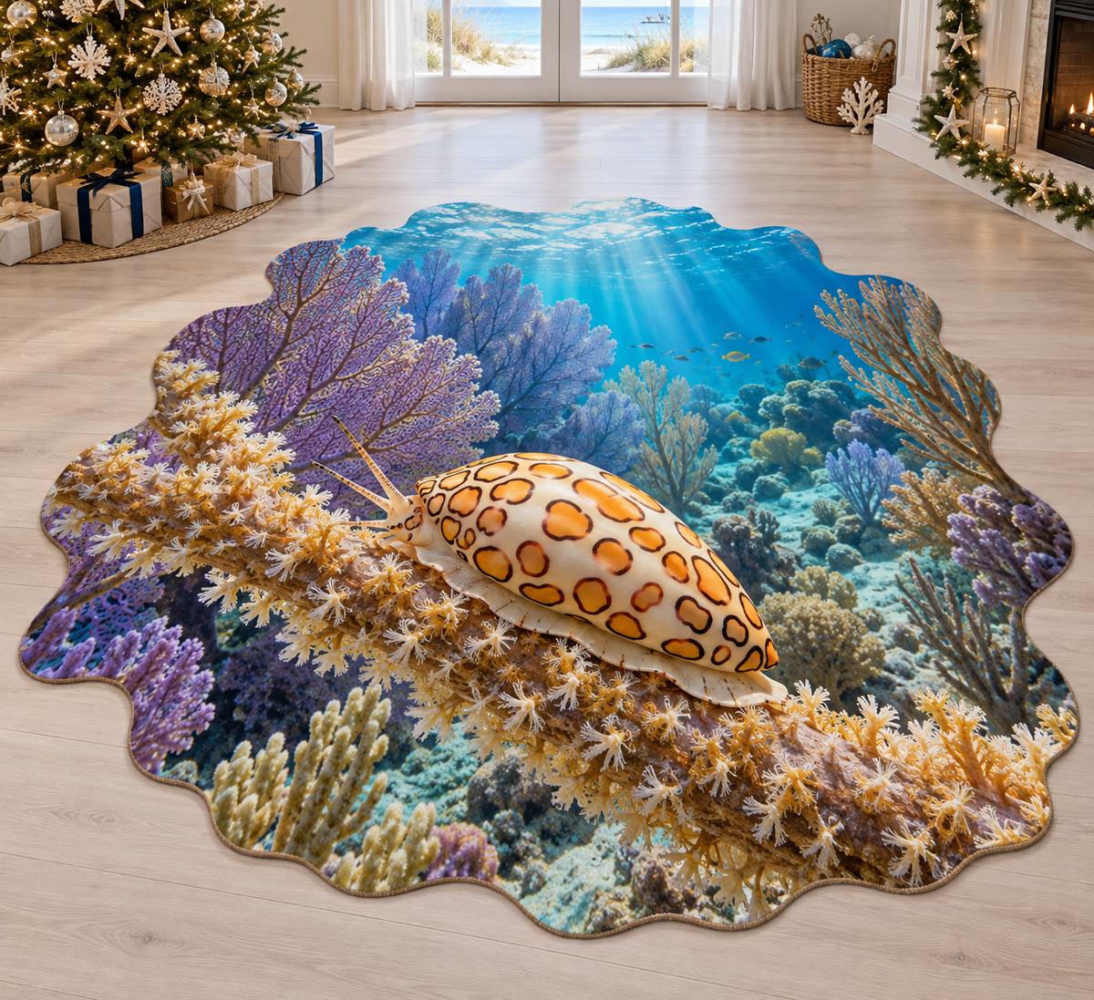 Flamingo Tongue Snail with deep layered sea fan reef scenery printed on a complete flat rug