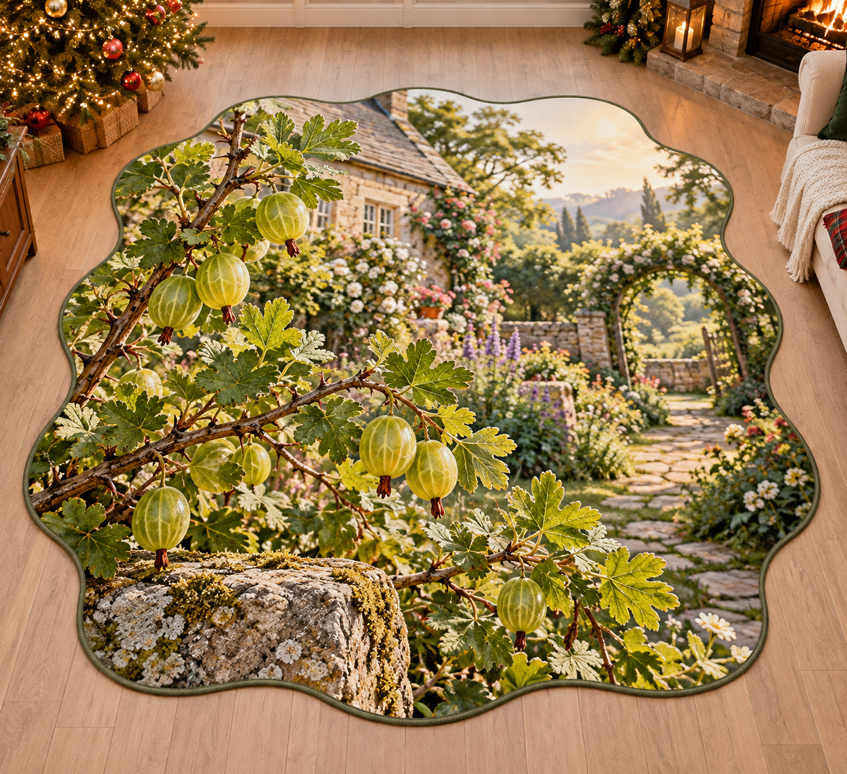European Gooseberry with deep layered mossy woodland scenery printed on a complete flat rug
