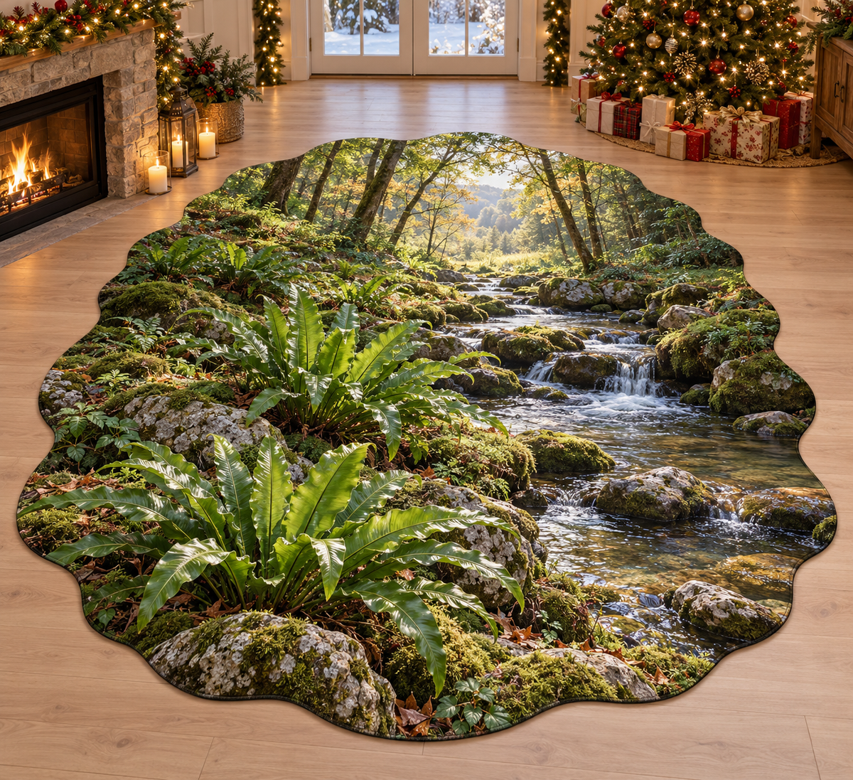 Harts Tongue Fern with deep layered fern woodland scenery printed on a complete flat rug
