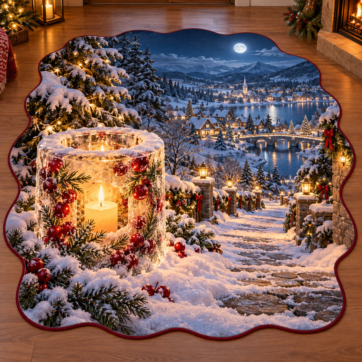 Glowing ice lantern and deep snowy Christmas garden printed on a complete flat custom-shaped rug