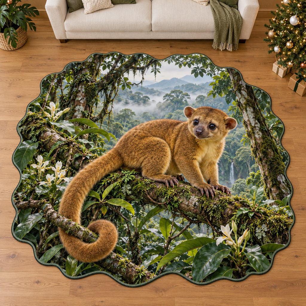 Kinkajou with deep rainforest canopy scenery printed on a complete flat rug