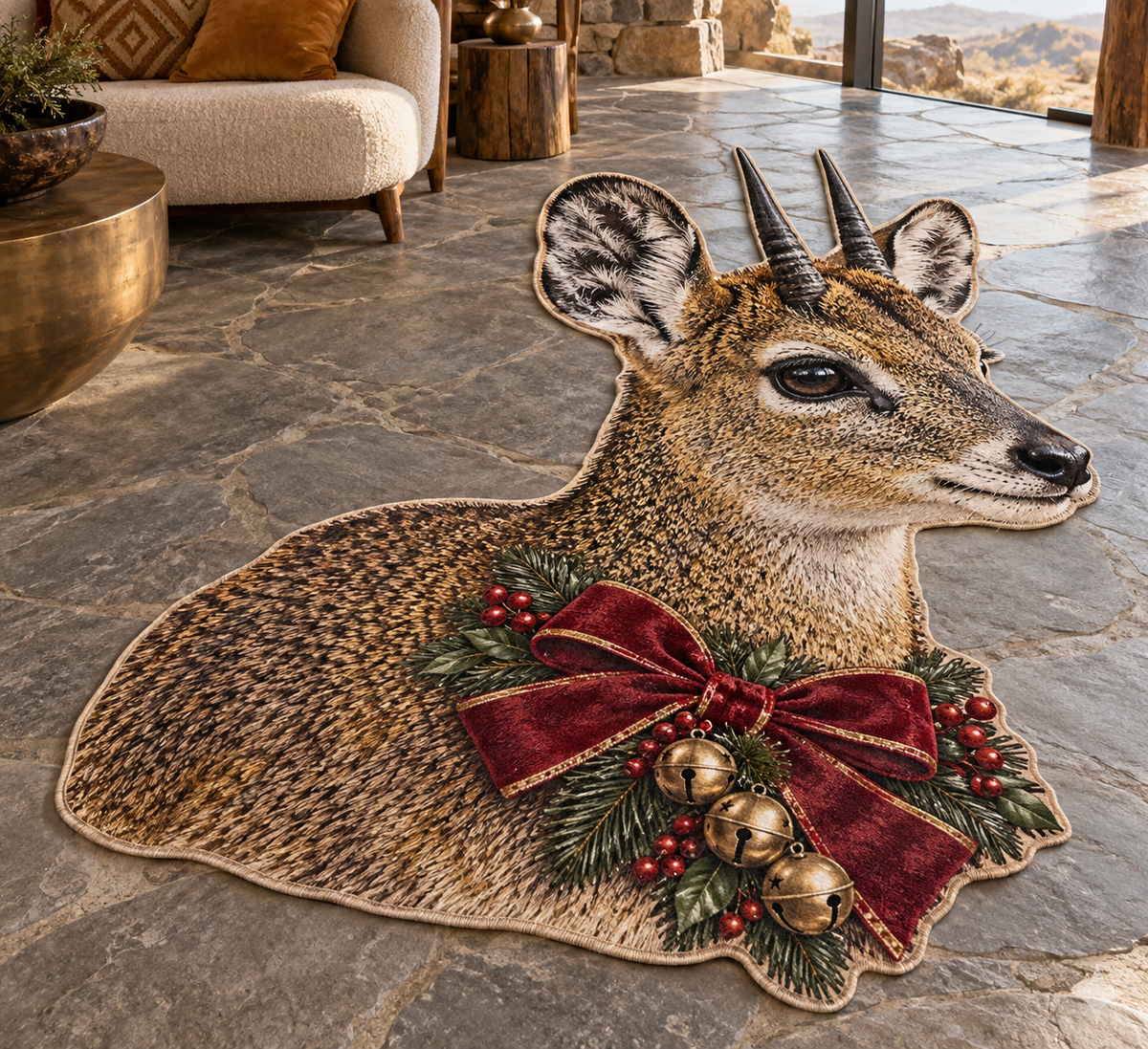 Christmas klipspringer portrait with black-white mask straight horns and garland printed on a flat close-cut rug