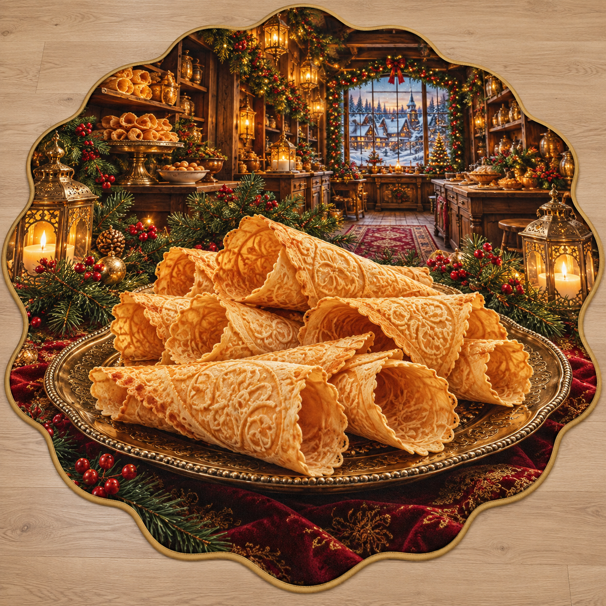Krumkake Wafer Cones with deep Christmas bakery scenery printed on a complete flat rug