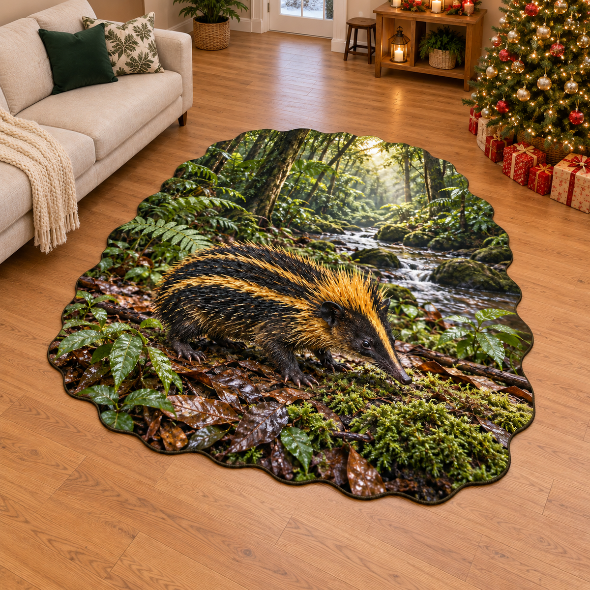 Lowland Streaked Tenrec with deep rainforest scenery printed on a complete flat rug