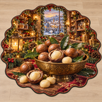 Macadamia Nuts and deep Christmas pantry scenery printed on a complete flat rug