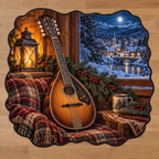 Teardrop wooden mandolin beside a deep snowy Christmas cottage window printed on a complete flat custom-shaped rug