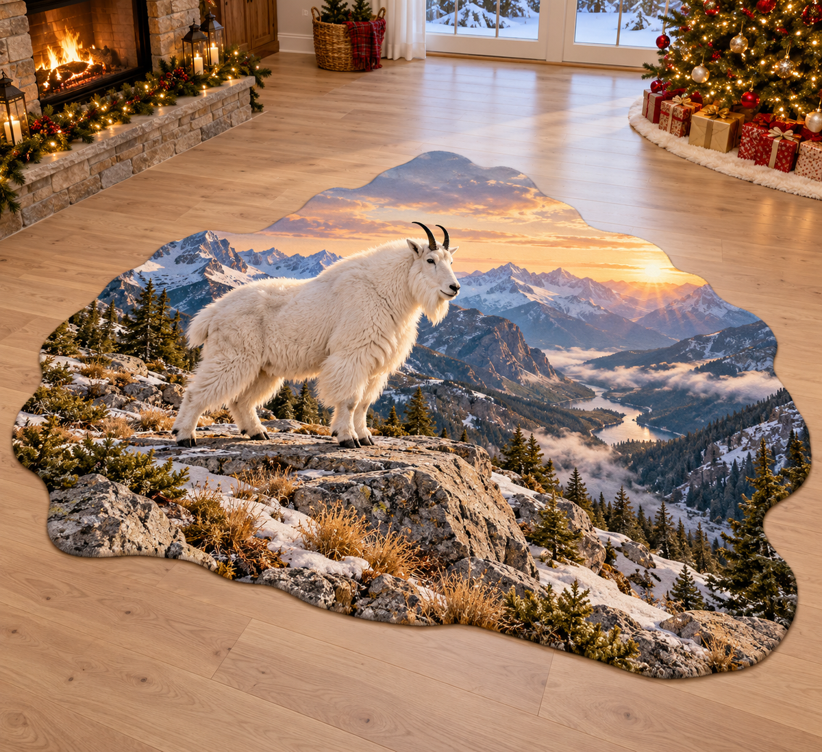 Mountain Goat with deep layered alpine mountain scenery printed on a complete flat rug