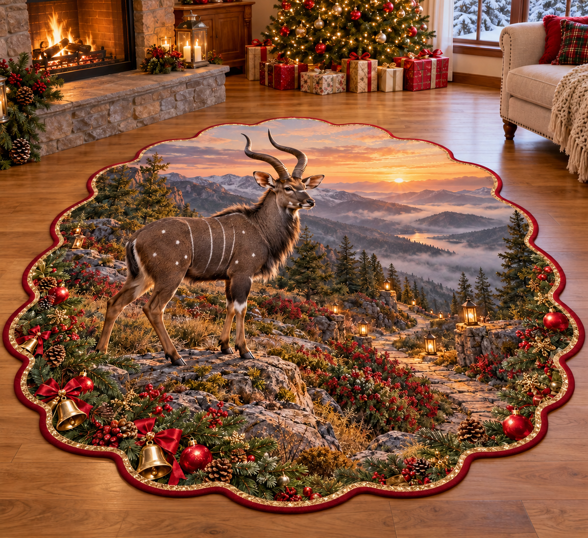 Christmas mountain nyala with layered highland trail scenery printed on a complete flat rug