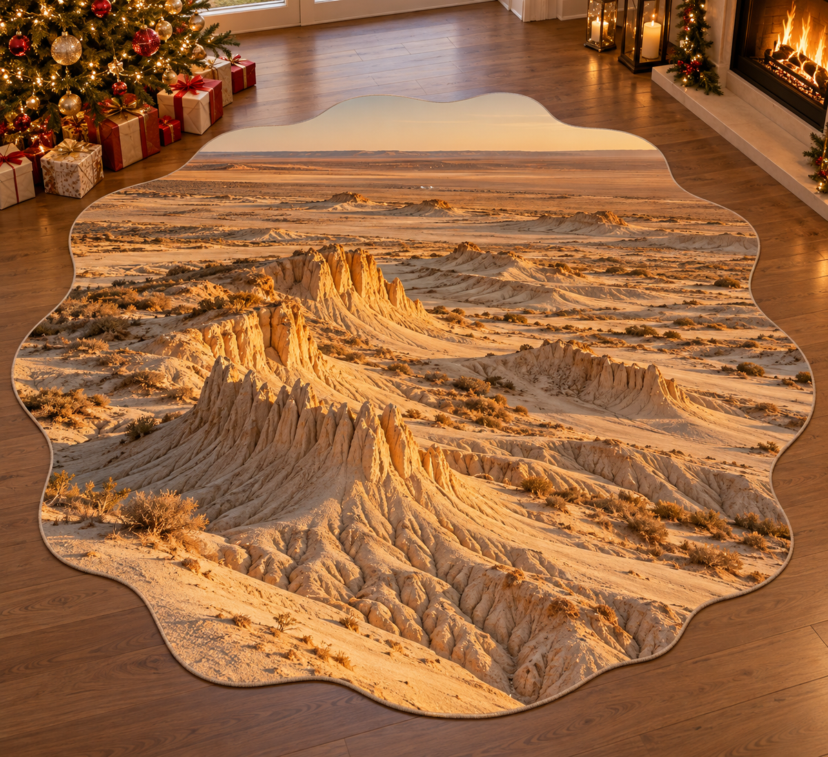 Mungo lunette ridges with layered dry lakebed scenery printed on a complete flat rug