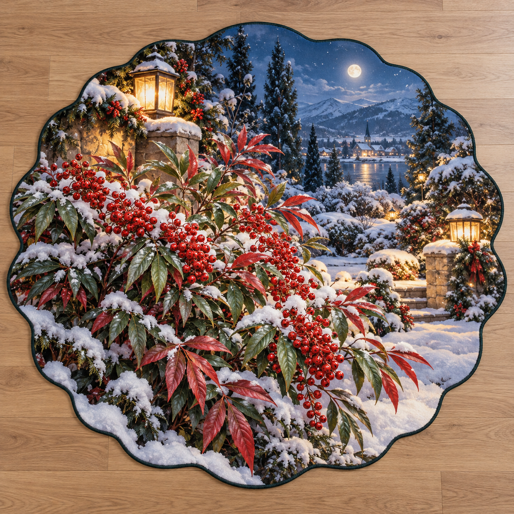 Red-berried nandina foliage with deep snowy Christmas garden scenery printed on a complete flat custom-shaped rug