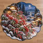 Red-berried nandina foliage with deep snowy Christmas garden scenery printed on a complete flat custom-shaped rug