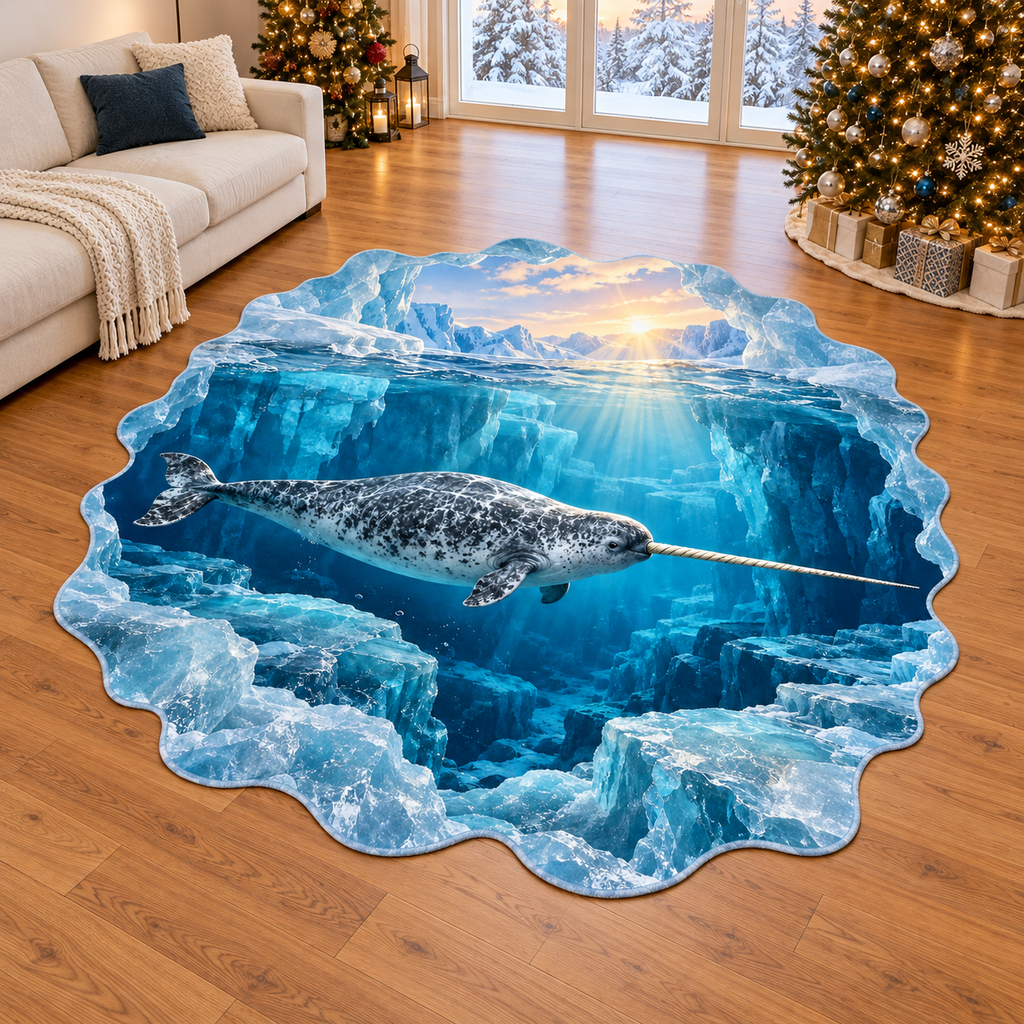 Narwhal with deep Arctic ice scenery in a Christmas room display printed on a complete flat rug