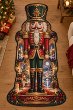 Red-and-gold nutcracker soldier before a deep Christmas palace printed on a complete flat custom-shaped rug