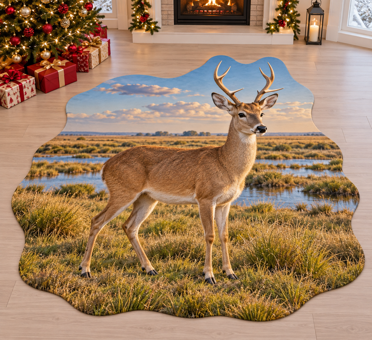 Pampas Deer with deep layered pampas grassland scenery printed on a complete flat rug