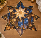 Glowing folded paper star lantern and deep Christmas conservatory printed on a complete flat eight-point star-shaped rug