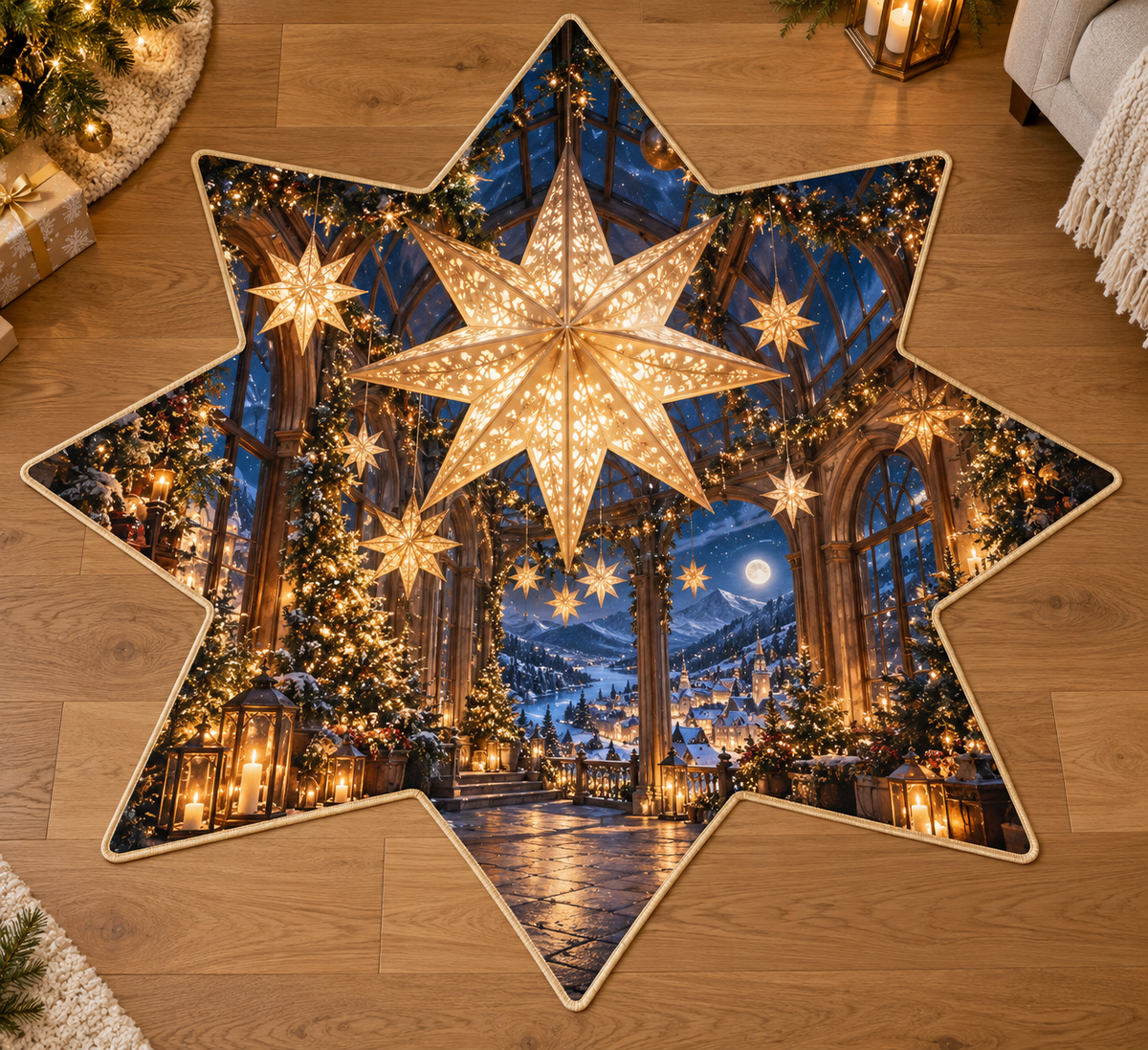 Glowing folded paper star lantern and deep Christmas conservatory printed on a complete flat eight-point star-shaped rug