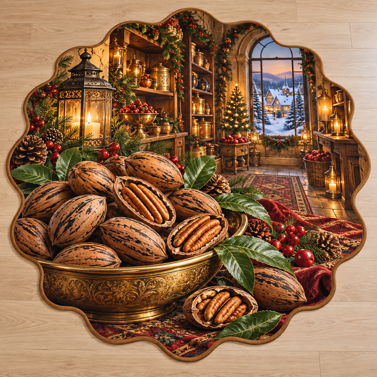 Pecans with deep Christmas pantry scenery printed on a complete flat rug
