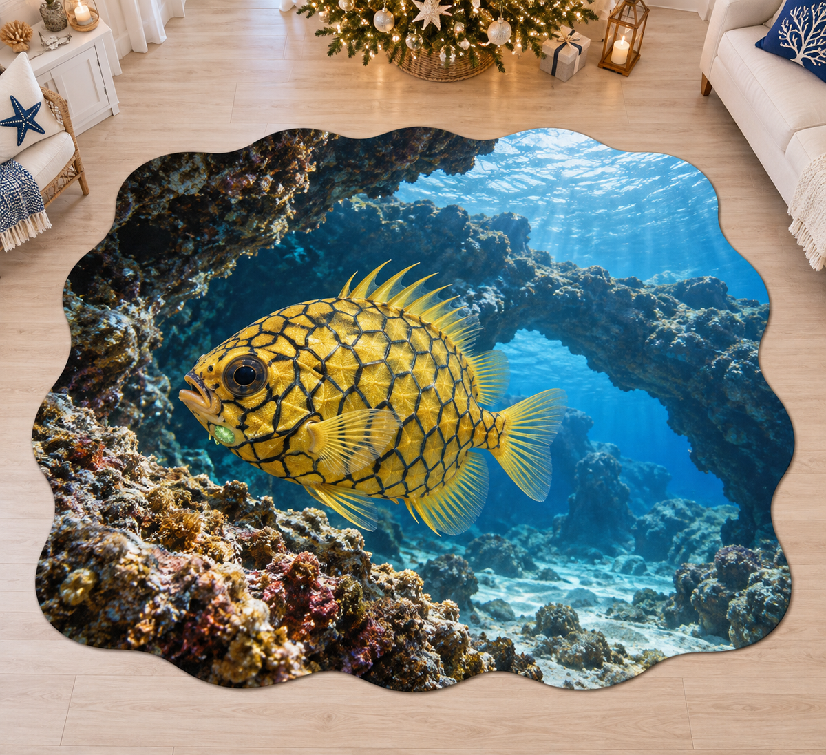 Pineapplefish with deep layered mossy woodland scenery printed on a complete flat rug