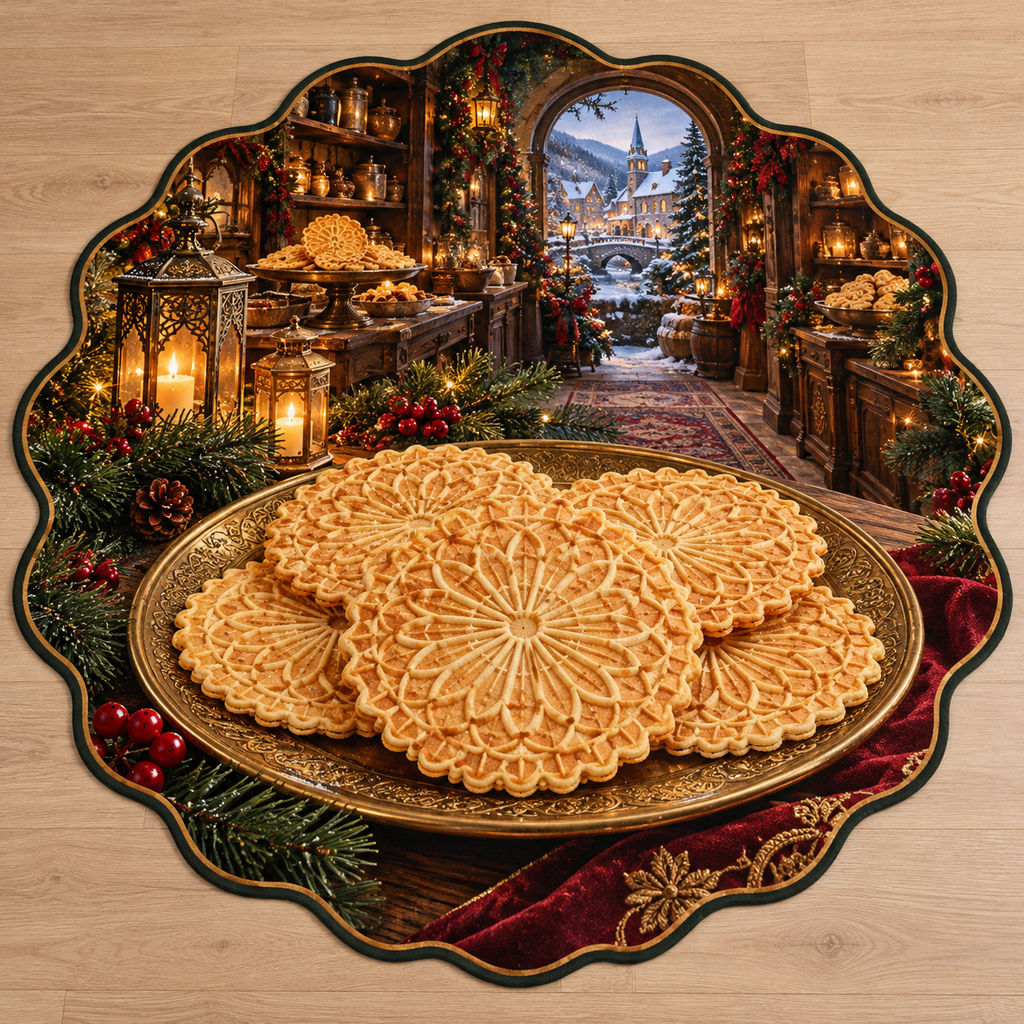 Pizzelle Wafer Cookies with deep Christmas bakery scenery printed on a complete flat rug