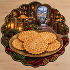 Pizzelle Wafer Cookies with deep Christmas bakery scenery printed on a complete flat rug