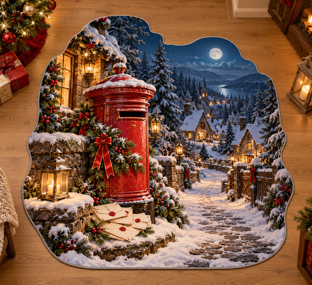 Red Christmas postbox and sealed letters before a deep snowy village lane printed on a complete flat custom-shaped rug